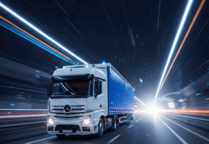 Modern white HGV curtain sider truck driving at speed on UK motorway with dynamic light trails, symbolising nationwide haulage and real-time logistics transport.