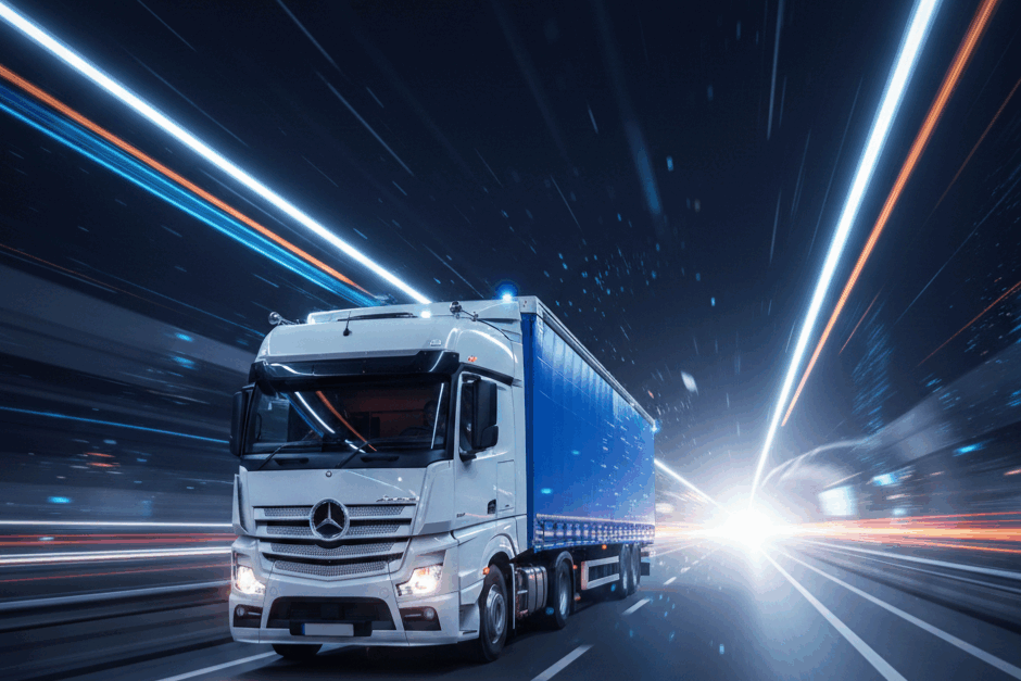 Modern white HGV curtain sider truck driving at speed on UK motorway with dynamic light trails, symbolising nationwide haulage and real-time logistics transport.
